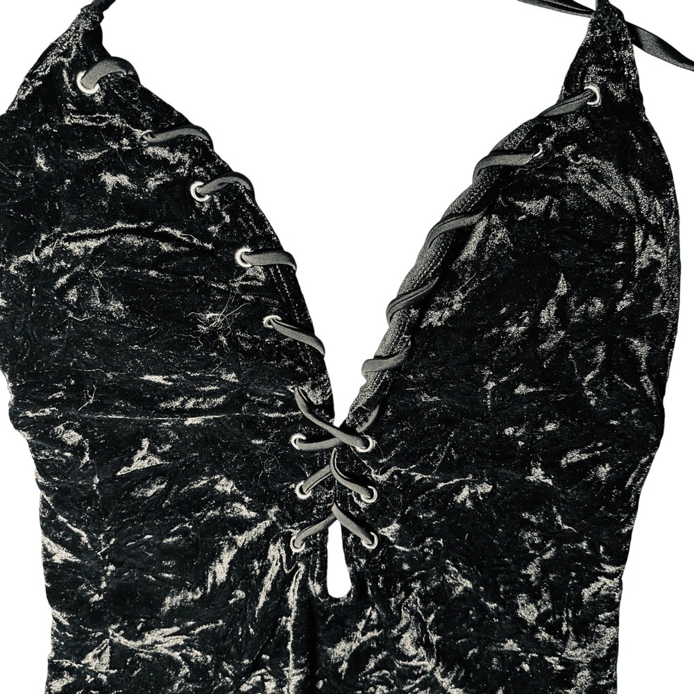 Cabana del Sol Black Crushed Velvet Lace Up One Piece Swimsuit XL NEW
